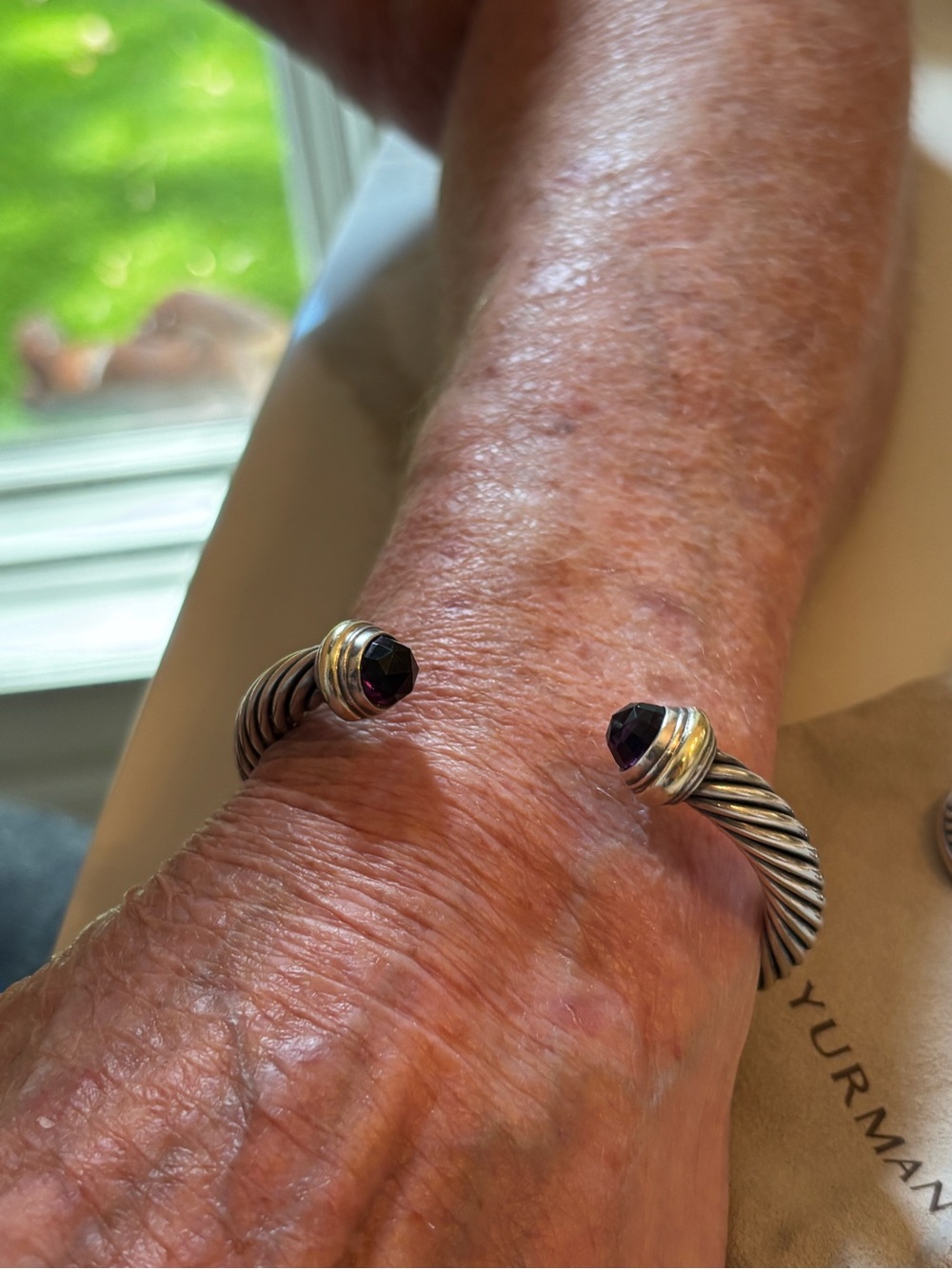David Yurman Sterling Cable Cuff with Purple Terminals and Gold Accents